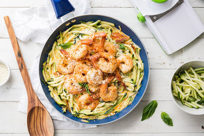 Keto meal prep recipe: simple garlic shrimp Alfredo with zoodles